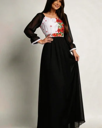 Rochie lunga neagra din voal cu motive traditionale vaporoasa Emanuela