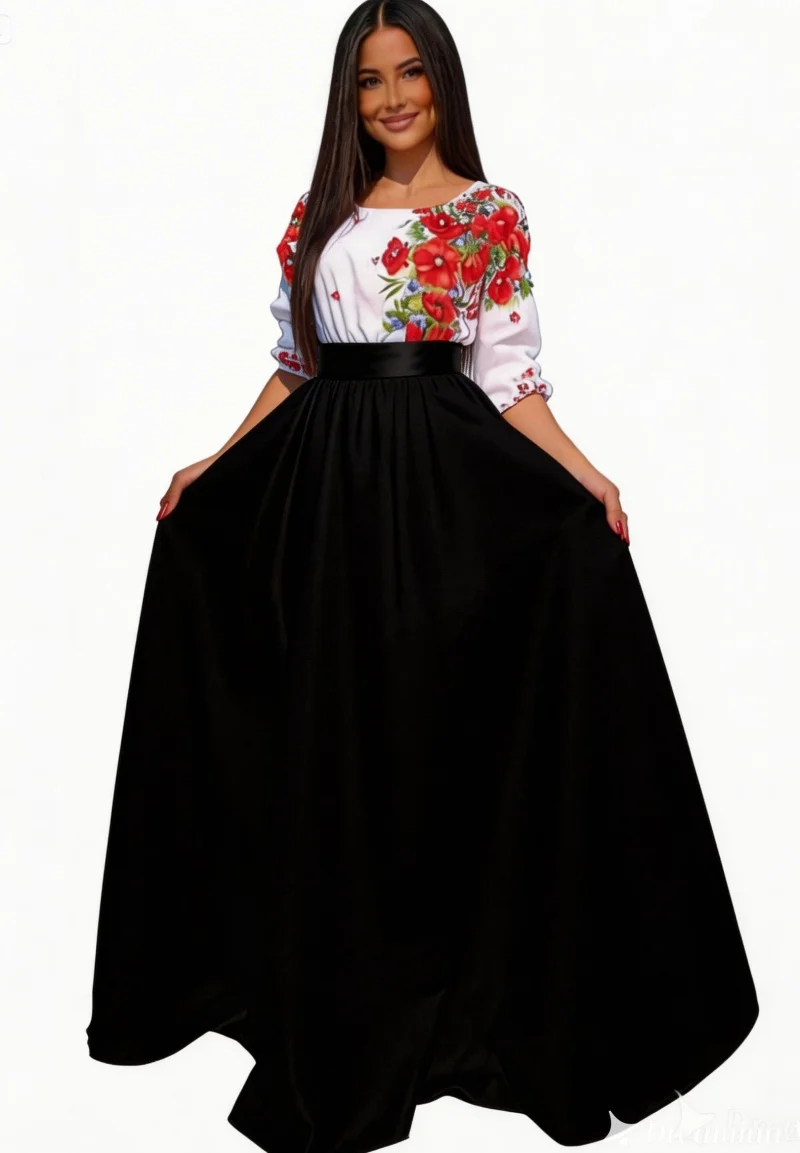 Rochie lunga neagra traditionala din tafta cu maci rosii Anna