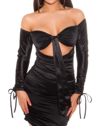 Rochie scurta neagra din satin mulata cu umerii goi Oksana