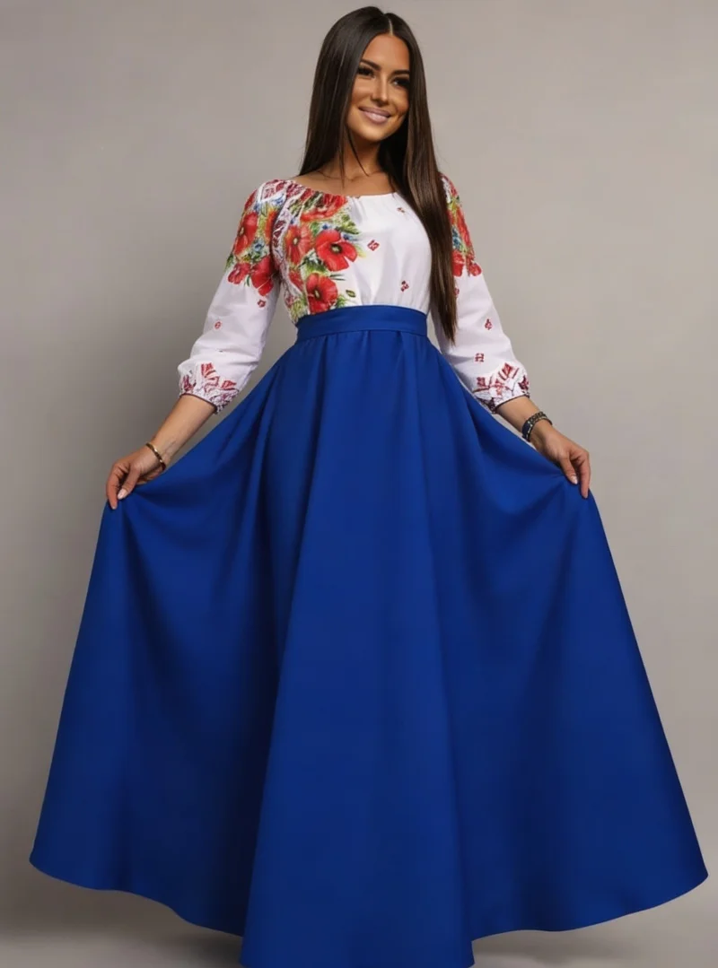 Rochie traditionala lunga din tafta albastra cu maci rosii Anna