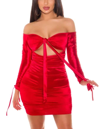 Rochie scurta rosie din satin mulata cu umerii goi Oksana