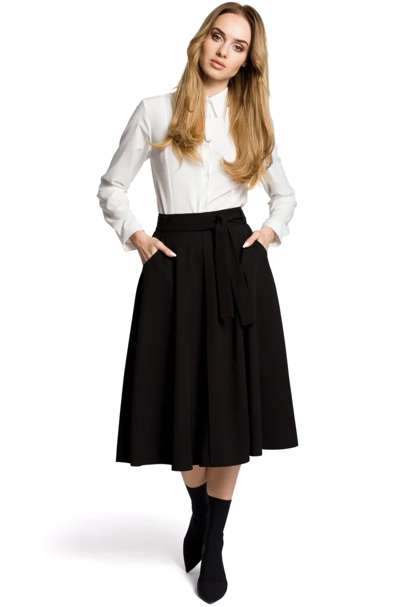 Fusta office, midi, neagra, cu cordon, Phoebe