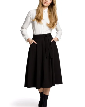 Fusta office, midi, neagra, cu cordon, Phoebe