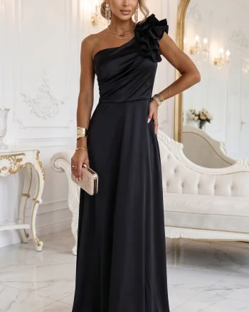 Rochie eleganta neagra din satin cu un umar gol si volan floral Natalia