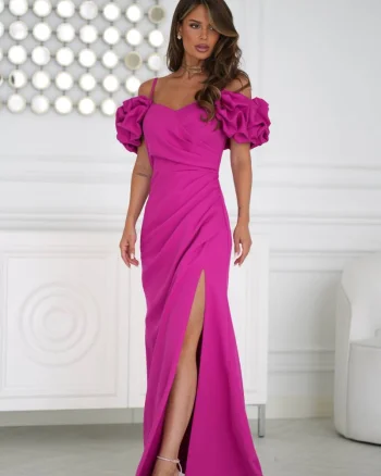 Rochie lunga fucsia cu umerii goi si maneca 3D in stil spaniol Senorita