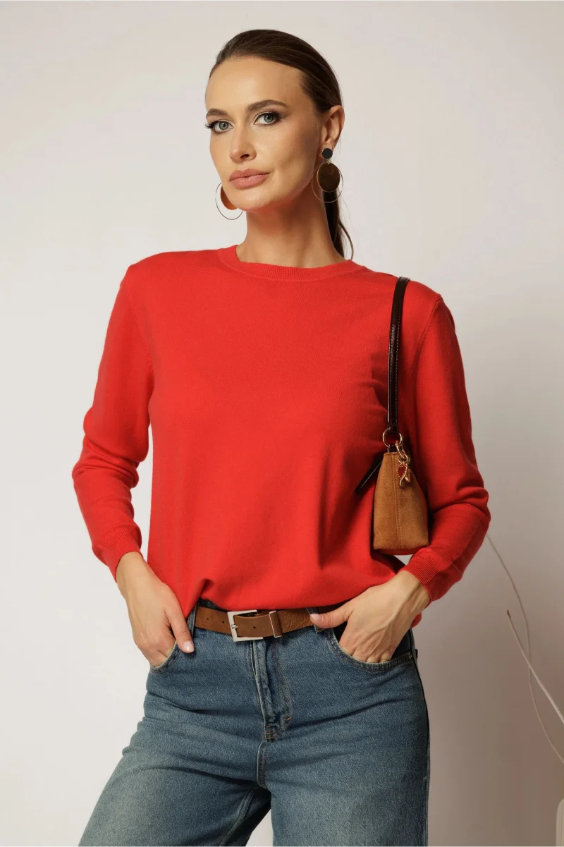 Bluza corai din tricot cu maneca lunga si decolteu rotund