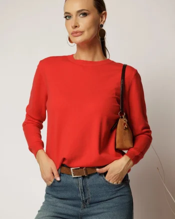 Bluza corai din tricot cu maneca lunga si decolteu rotund