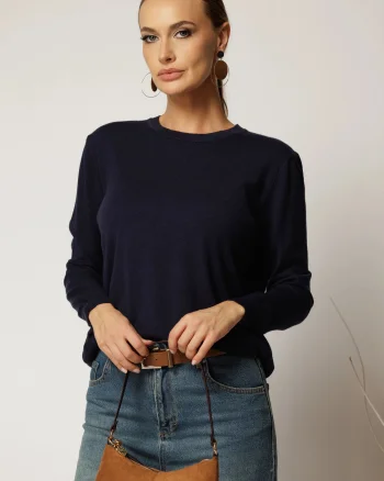 Bluza bleumarin din tricot cu maneca lunga si decolteu rotund