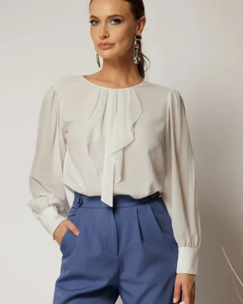 Bluza alba din voal cu sclipici si funda cu volanas la decolteu