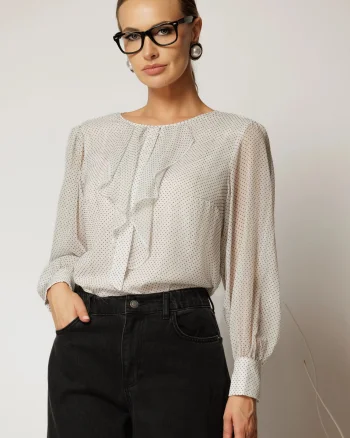 Bluza alba din voal cu buline si funda cu volanas la decolteu