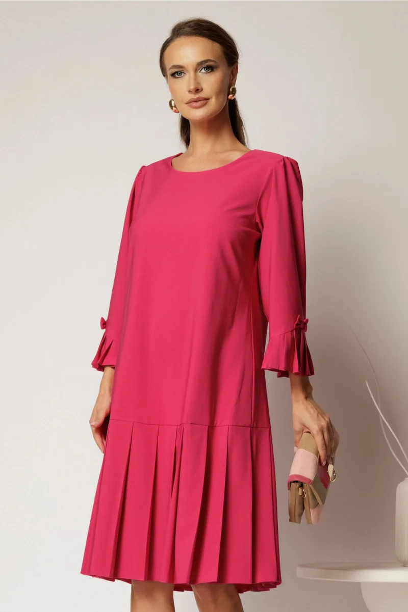Rochie midi fucsia cu croi drept si pliuri la baza fustei