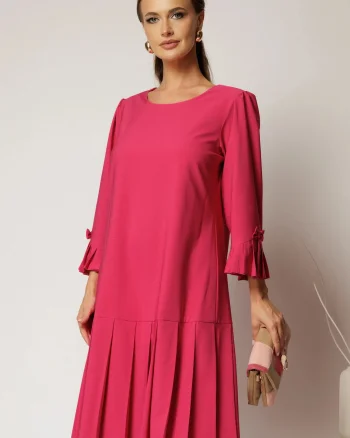 Rochie midi fucsia cu croi drept si pliuri la baza fustei