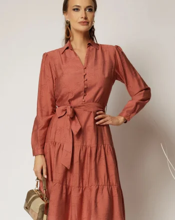 Rochie caramizie midi din viscoza si imprimeu