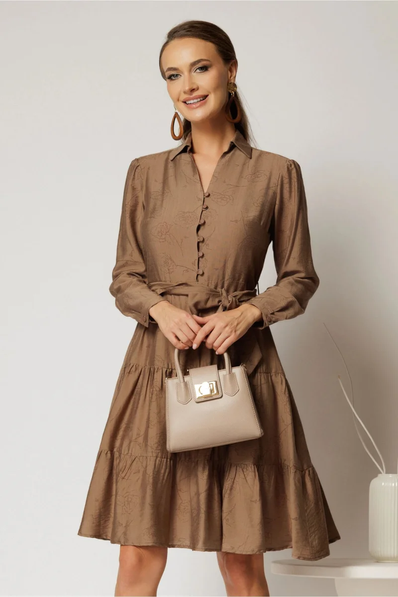 Rochie bej midi din viscoza si imprimeu