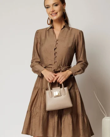 Rochie bej midi din viscoza si imprimeu