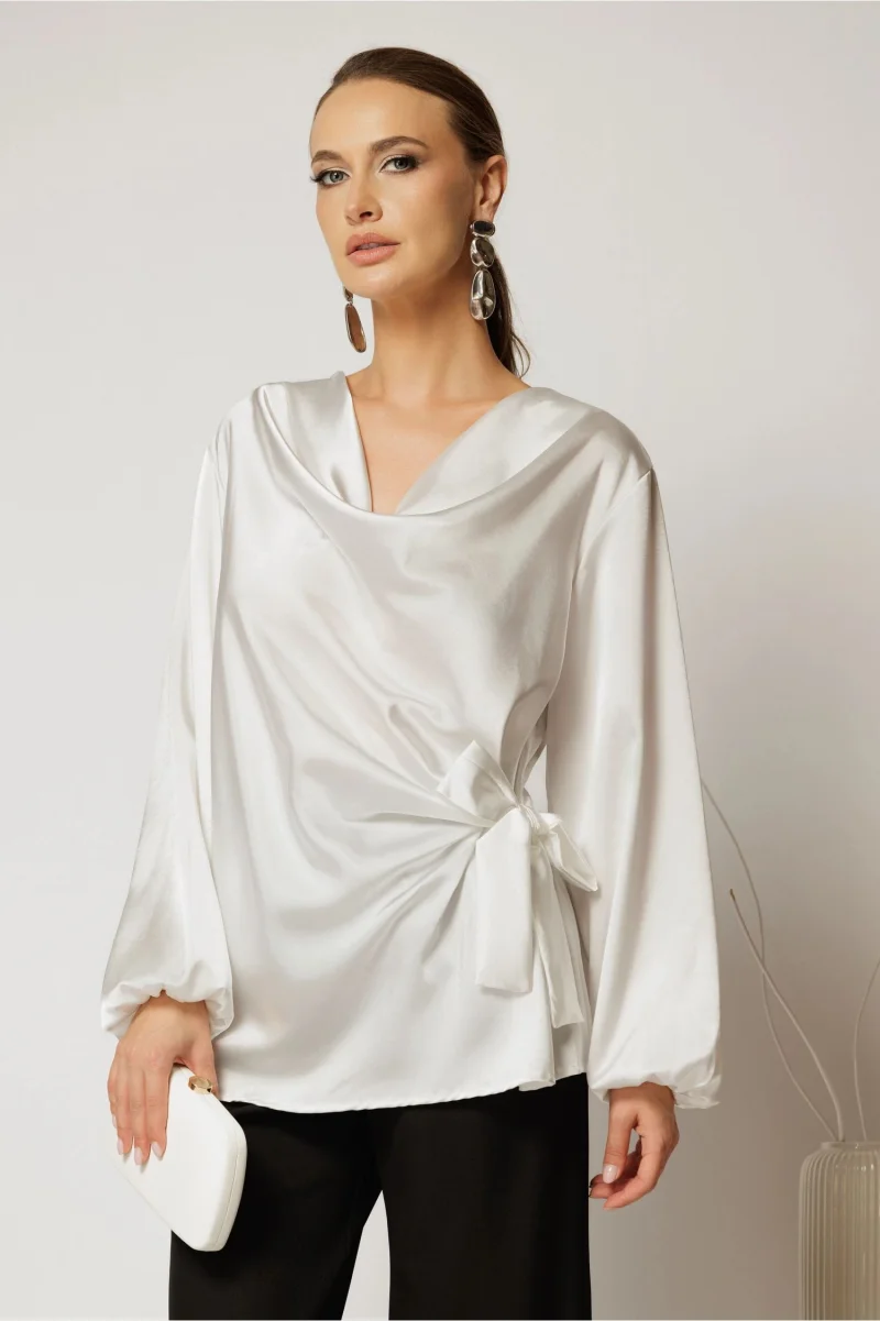 Bluza alba din satin cu croi lejer si nod in talie