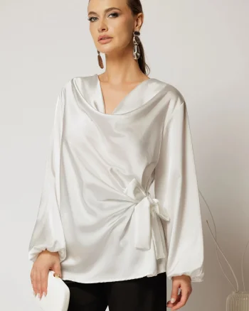 Bluza alba din satin cu croi lejer si nod in talie