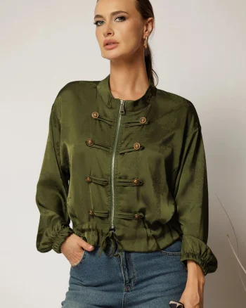 Bluza kaki din satin cu imprimeuri cu fermoar si nasturi tip army
