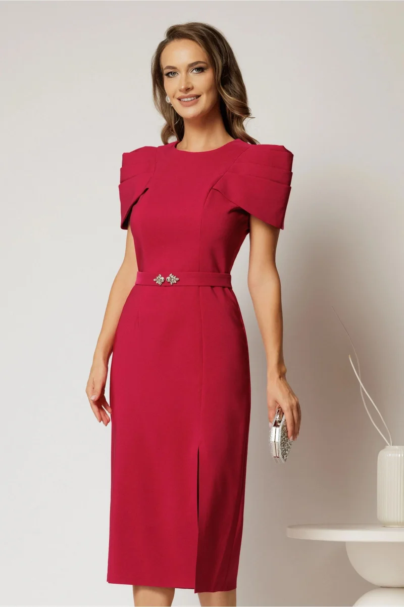 Rochie DY Fashion midi fucsia de ocazie cu umeri bufanti si cordon detasabil