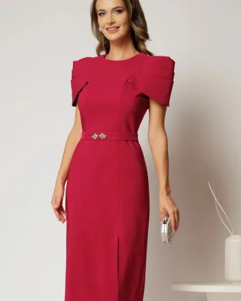 Rochie DY Fashion midi fucsia de ocazie cu umeri bufanti si cordon detasabil