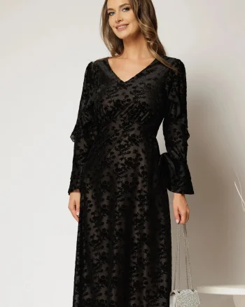 Rochie midi neagra de ocazie cu imprimeu de catifea si decolteu in V