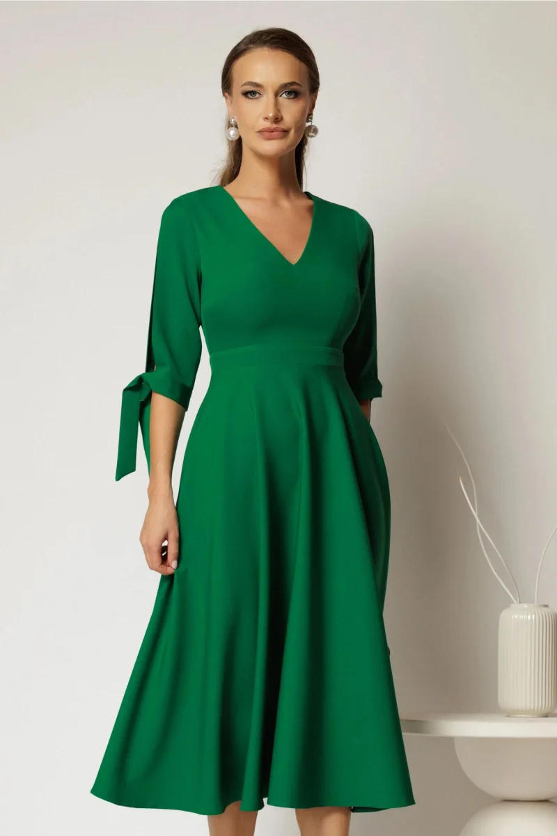 Rochie DY Fashion midi verde cu decolteu in V si funde la maneci