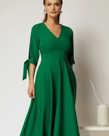 Rochie DY Fashion midi verde cu decolteu in V si funde la maneci