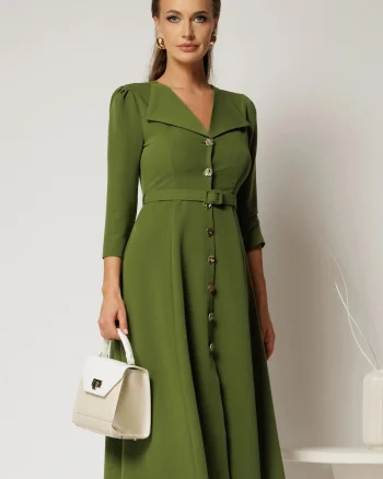 Rochie DY Fashion midi verde fistic cu inchidere cu nasturi si rever amplu