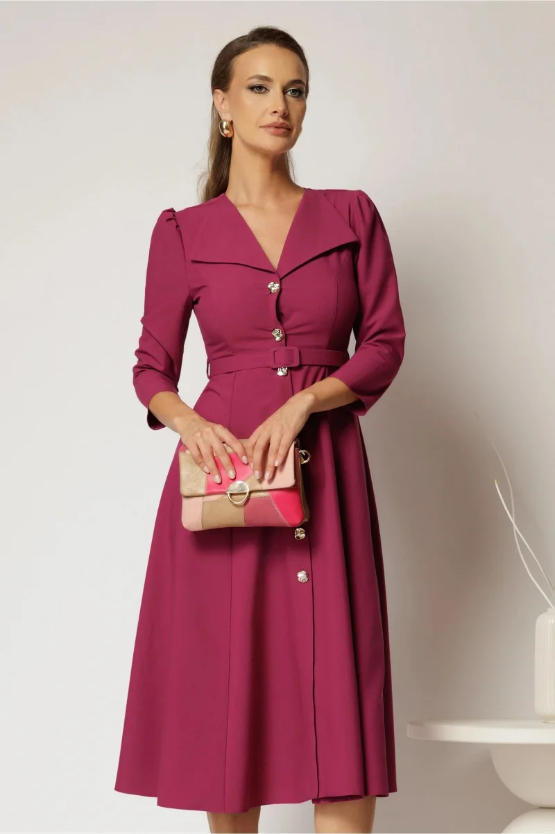 Rochie DY Fashion midi magenta cu inchidere cu nasturi si rever amplu