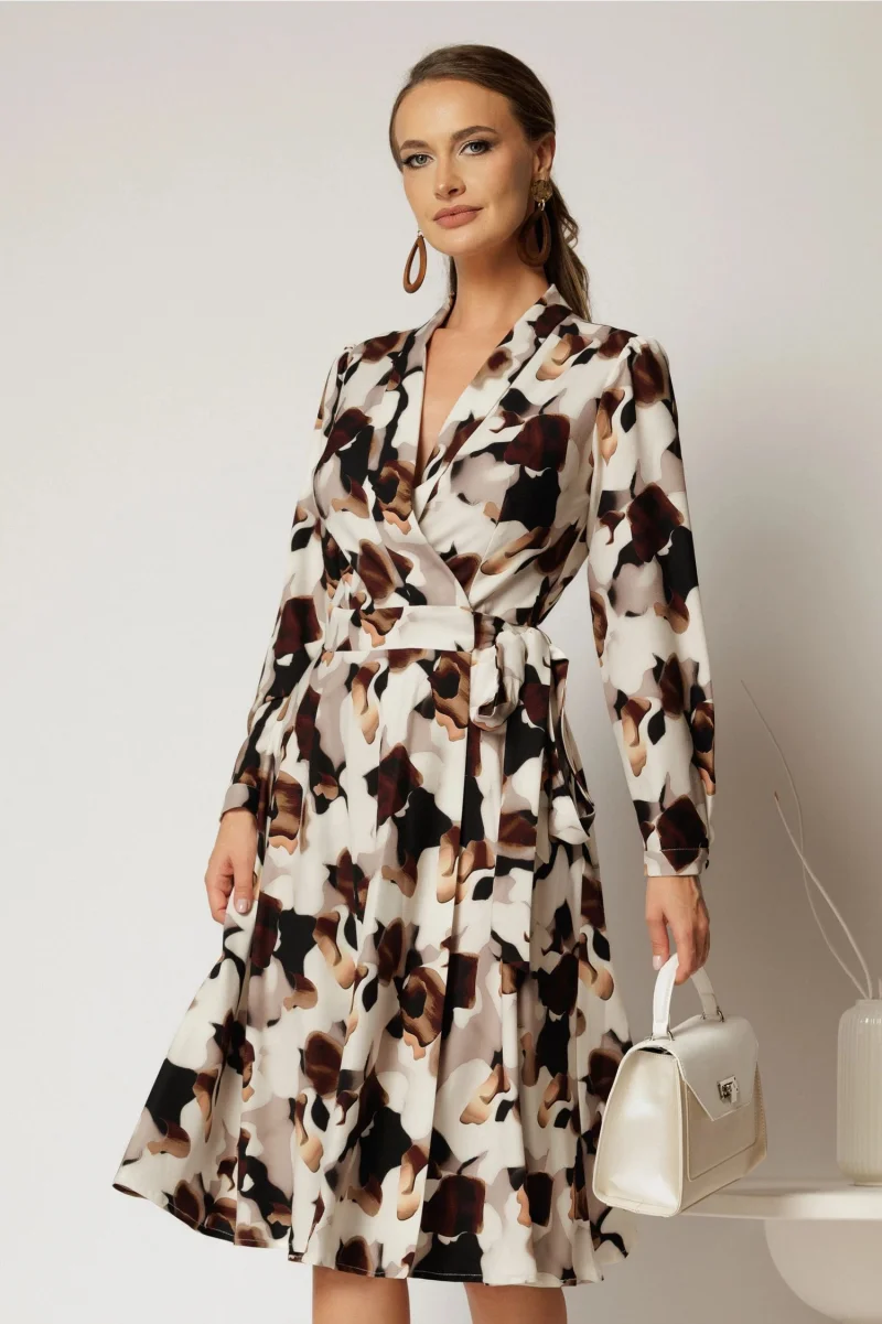 Rochie ivoar midi imprimeu abstract cu aspect petrecut si cordon in talie