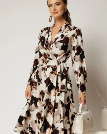 Rochie ivoar midi imprimeu abstract cu aspect petrecut si cordon in talie