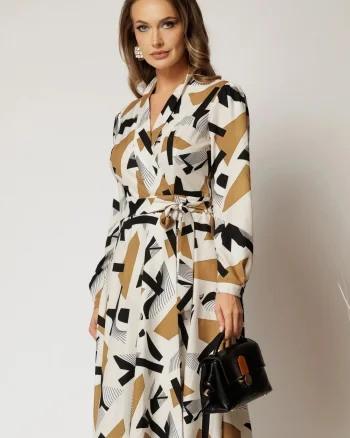 Rochie midi imprimeu geometric cu aspect petrecut si cordon in talie
