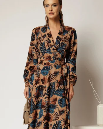 Rochie maro midi imprimeu floral tropical cu aspect petrecut si cordon in talie