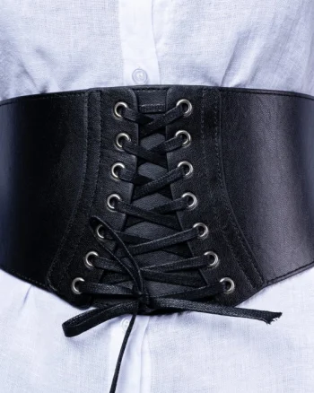 Centura neagra corset, lata din piele ecologica cu siret si capse mici