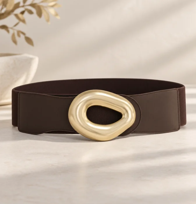 Curea elastica maro cu latime de 7 cm, catarama aurie