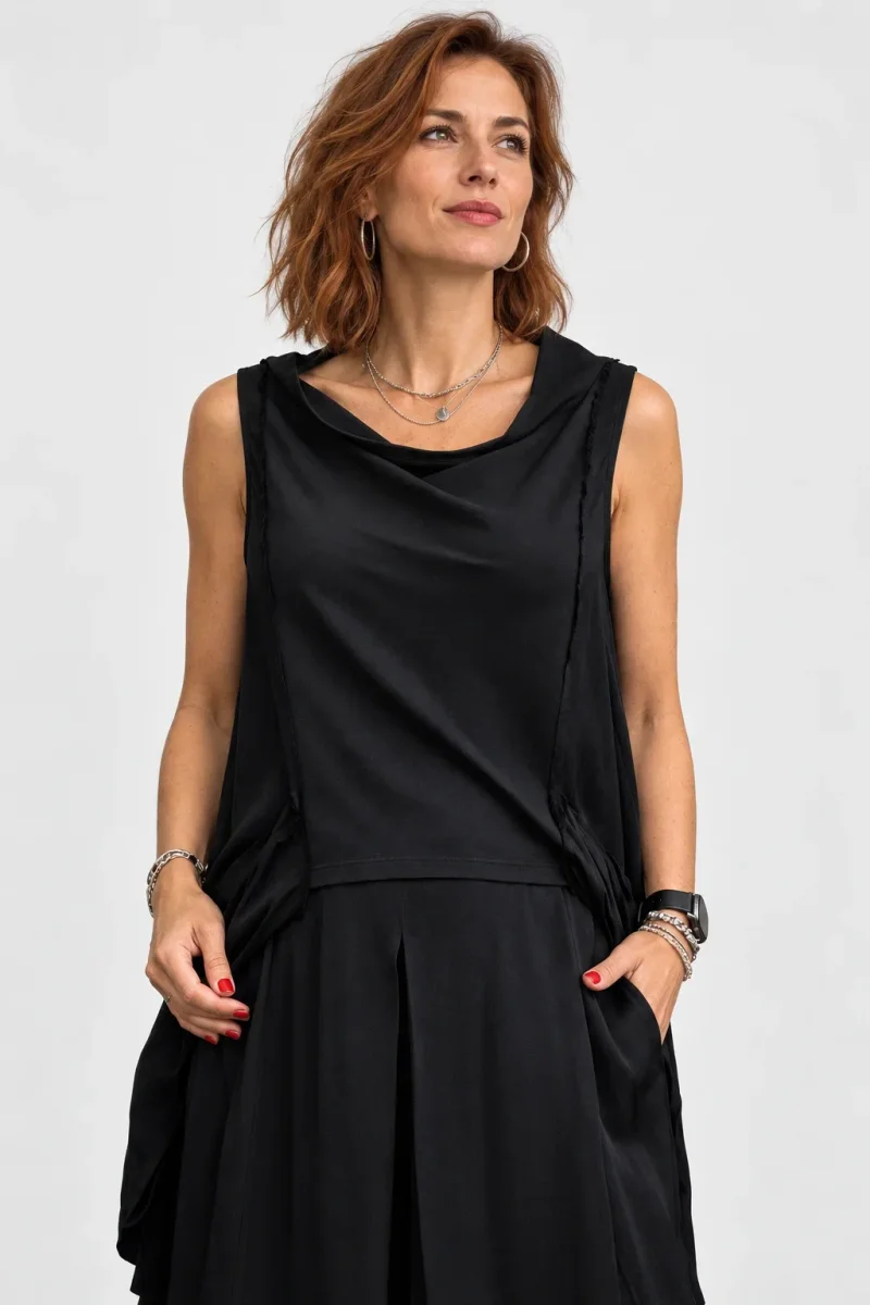 Top asimetric din vascoza cu guler drapat si margini franjurate, negru