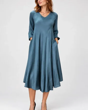 Rochie midi satinata din matase si vascoza cu croi fluid, turcoaz