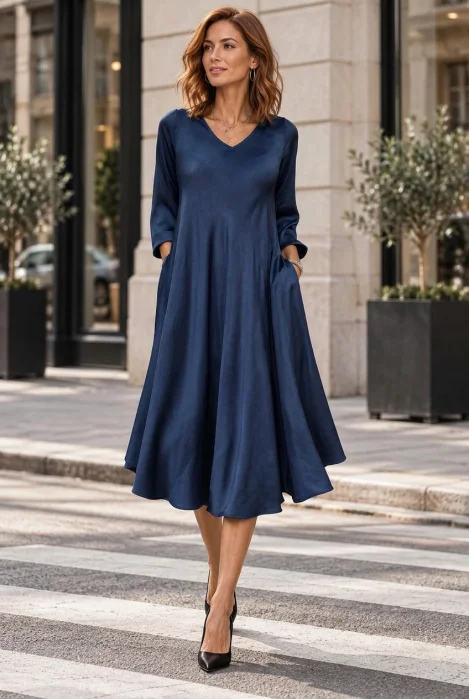 Rochie midi satinata din matase si vascoza cu croi fluid, bleumarin