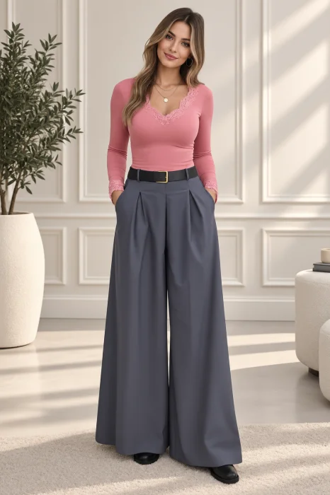 Pantaloni palazzo cu talie inalta, pense si curea inclusa, gri