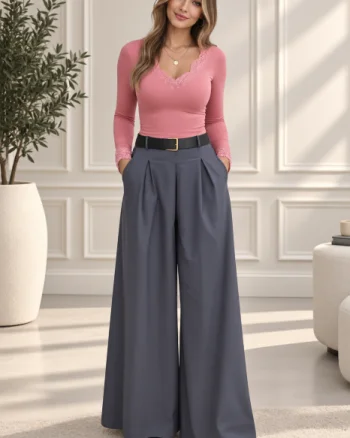 Pantaloni palazzo cu talie inalta, pense si curea inclusa, gri