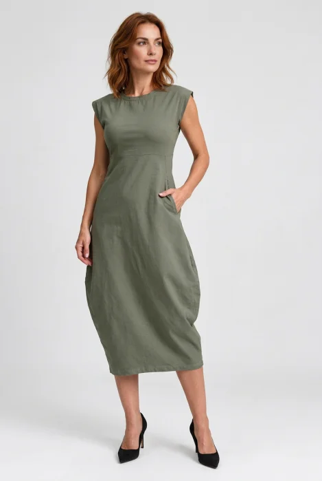 Rochie midi elastica cu croi lalea si buzunare laterale, kaki