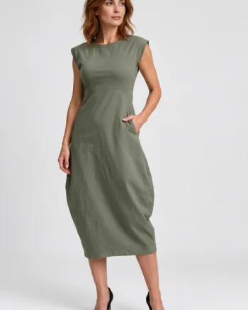 Rochie midi elastica cu croi lalea si buzunare laterale, kaki
