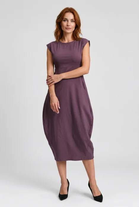 Rochie midi elastica cu croi lalea si buzunare laterale, visinie