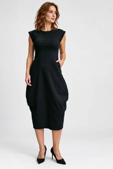 Rochie midi elastica cu croi lalea si buzunare laterale, neagra