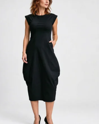 Rochie midi elastica cu croi lalea si buzunare laterale, neagra