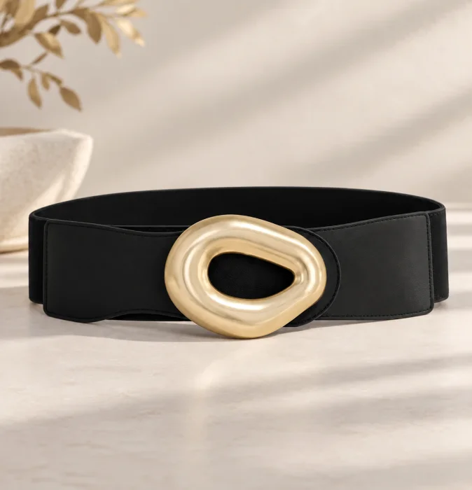 Curea elastica neagra cu latime de 7 cm, catarama aurie