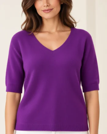 Pulover dama cu maneca scurta raglan si decolteu in V, mov intens