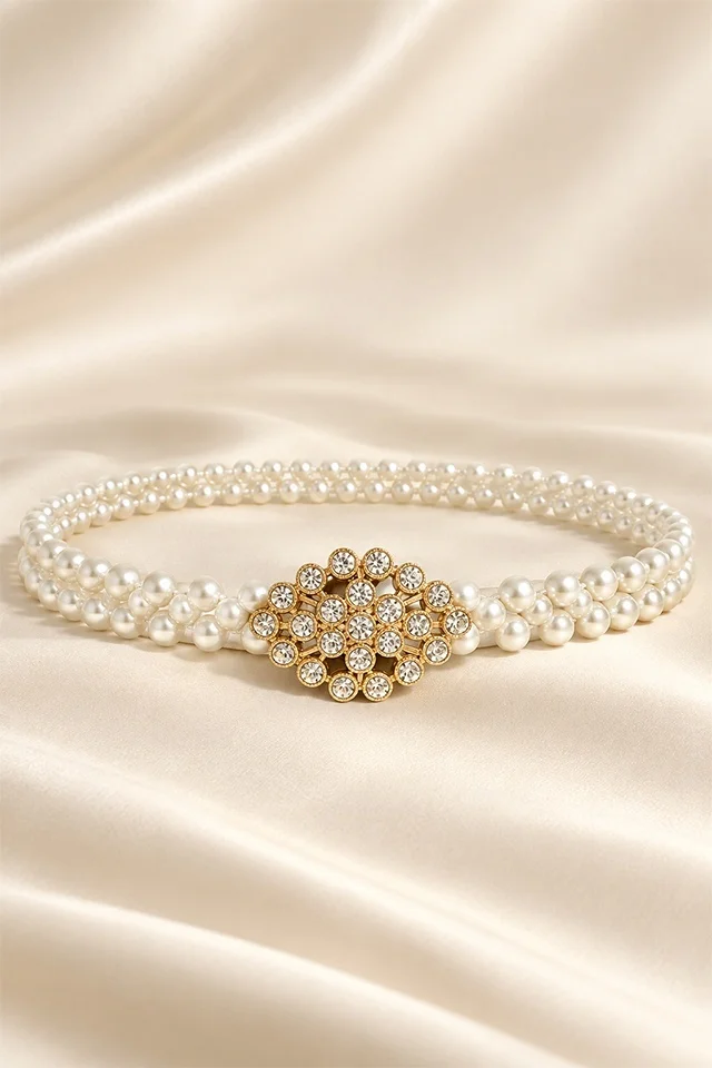 Curea elastica Heritage, cu perle si catarama funda, Gold ELVA