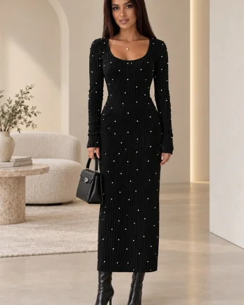 Rochie eleganta din tricot ASTRID, cu perle si croiala bodycon, Negru
