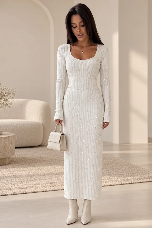 Rochie eleganta din tricot ASTRID, cu perle si croiala bodycon, Alb